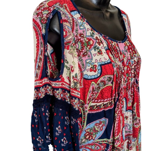 Bila Boho Hippie Print Cold Shoulder Red Print Loose Fit Top Size Medium - Picture 3 of 7